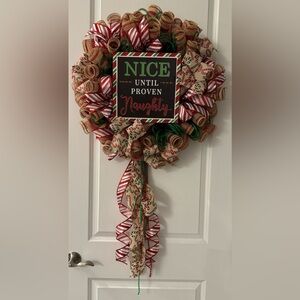 #W2407 - Winter Holiday Christmas Wreath Nice Until Proven Naughty with Dangles